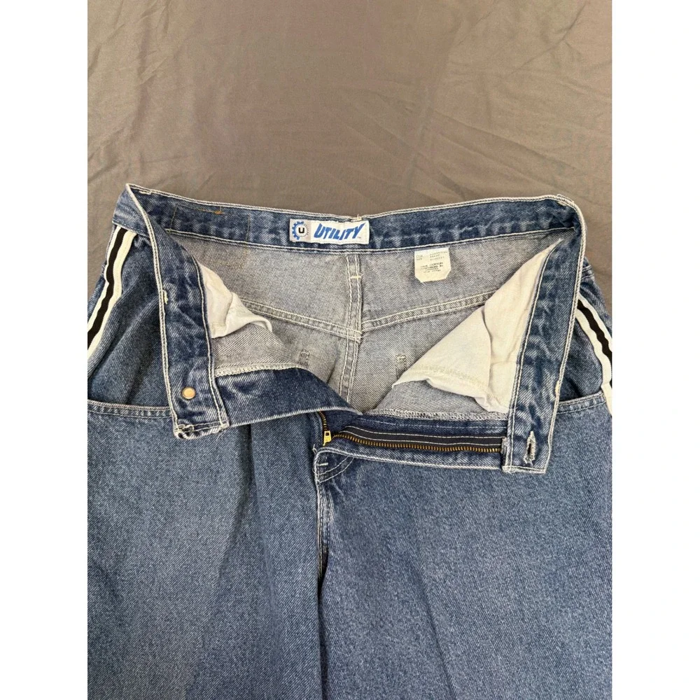 Vintage Utility Brand Wide Leg Baggy Jeans Side Stripe Blue Denim 34x30 Y2K